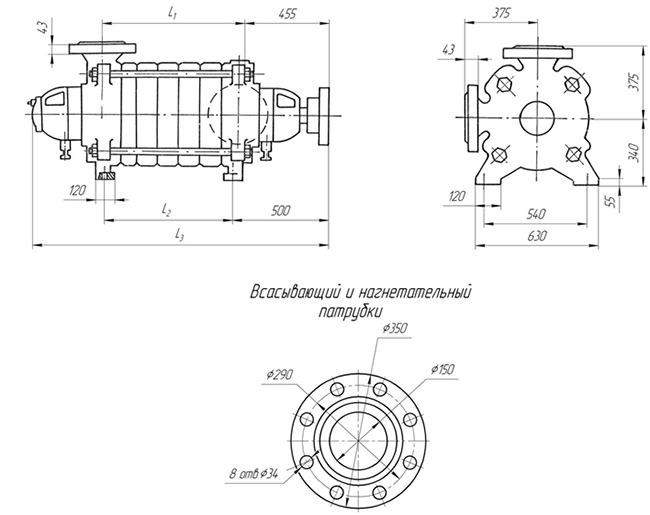 Габаритные размеры насоса ЦНС 180-297