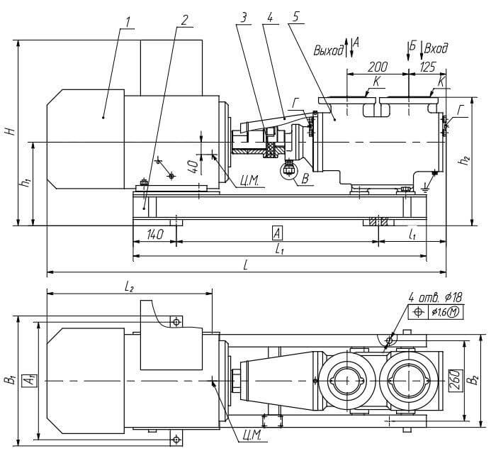 Габаритные размеры насосного агрегата А13В 16/25-10/6,3Б-3