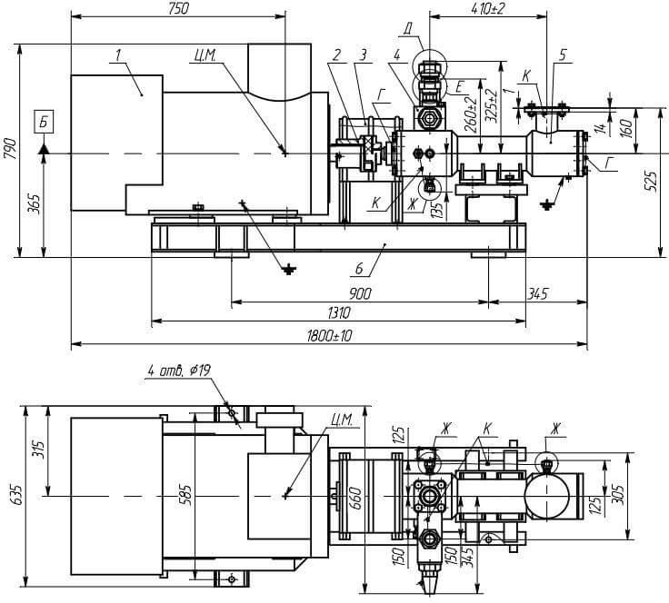 Габаритные размеры насосного агрегата А13В 8/100-11/100Б