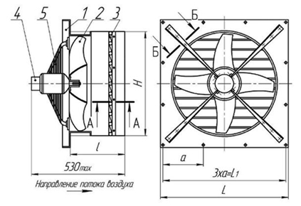 Габаритные и присоединительные размеры осевого вентилятора ВО-Ф-7,1